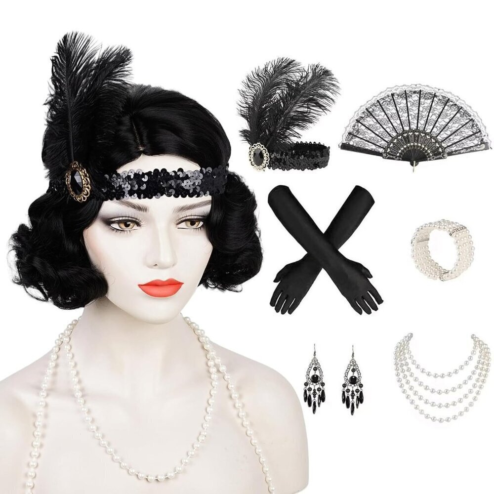 Black 1920s Flapper Wig Synthetic Curly Wavy Vintage Costume Accessory